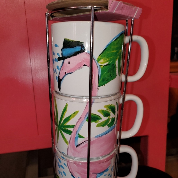 Stackable flamingo mugs with holder 4 mugs NWT - Picture 7 of 12